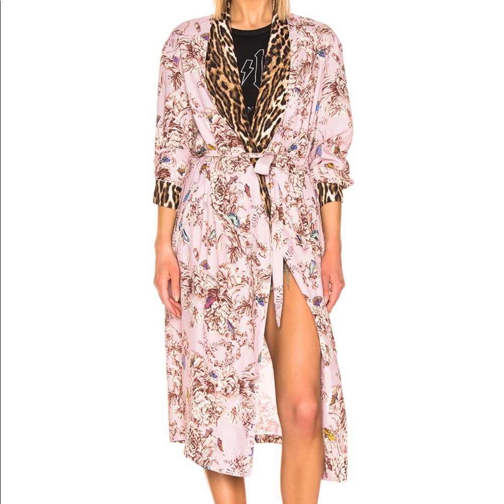 NWOT R13 Smoking Robe in Pale Pink Floral & Leopard